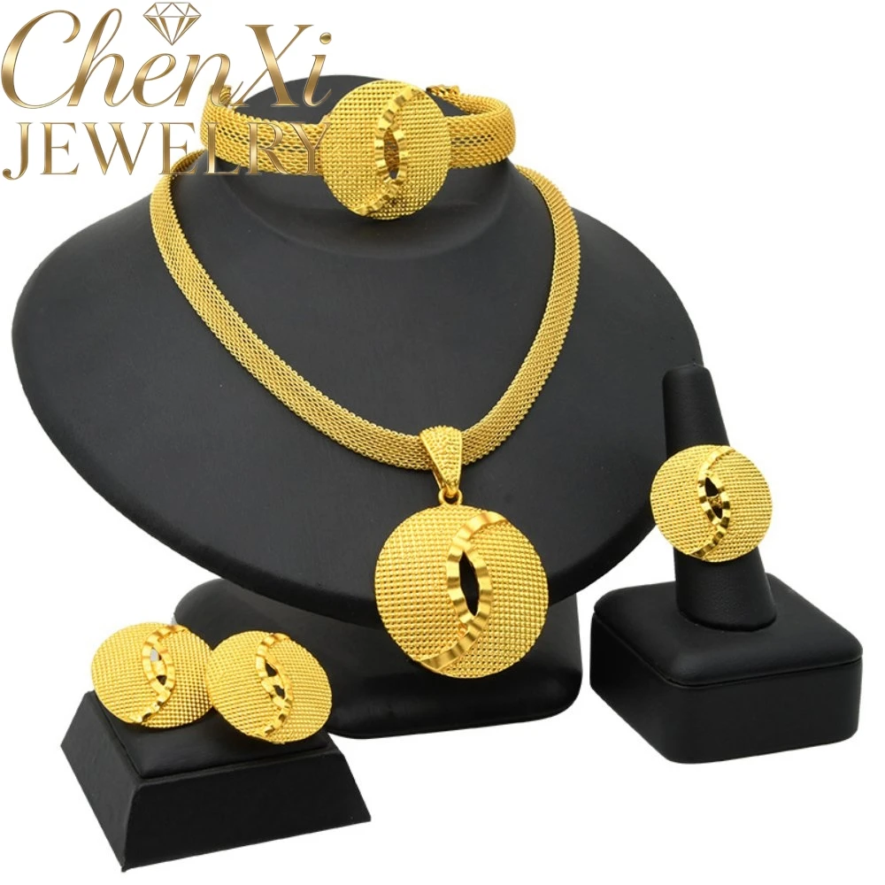 

High-End Luxury Elegant Alluvial Gold Fashion Popular Jewelry Set Women Wedding Party Banquet Necklace Earrings Ring 4pcs Gift