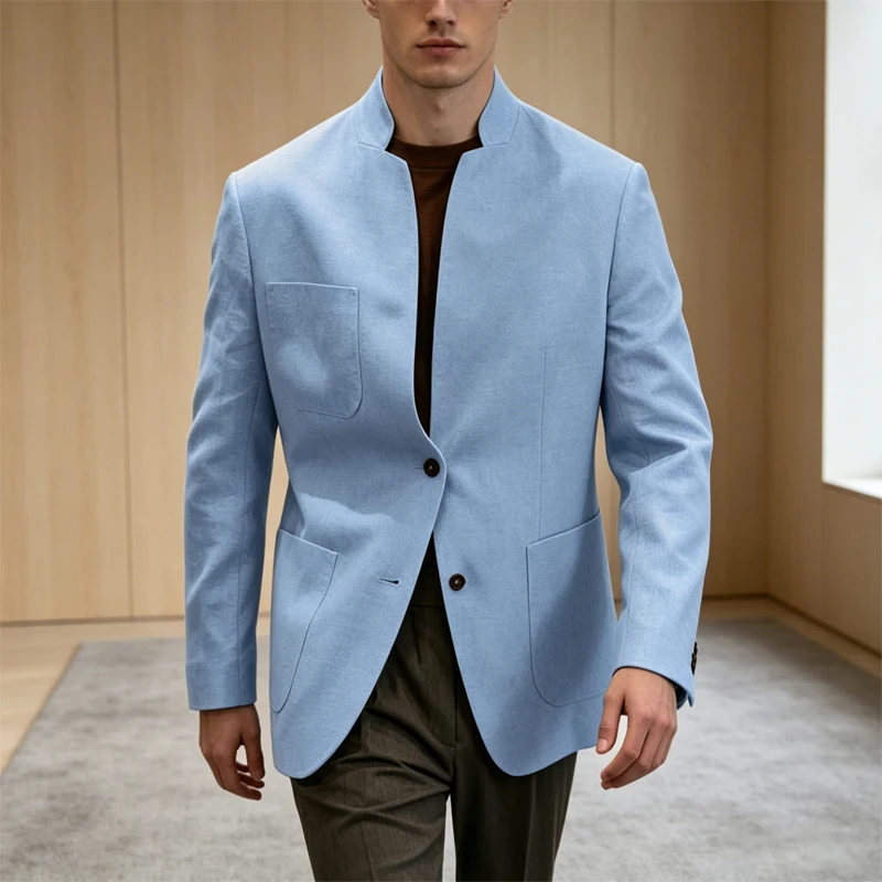 

Men's Linen Blazer Stand Collar Two Buttons Slim Fit Jacket Breathable Lightweight for Business Casual Wedding Party Suit Coat