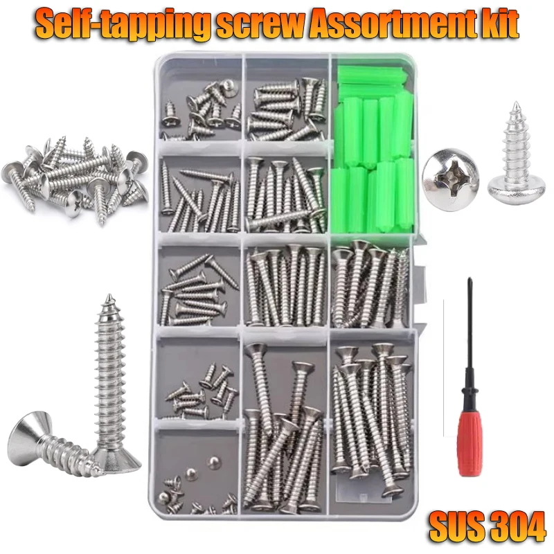 

304 Stainless Steel Cross Self Tapping Screw Set Countersunk/Large Flat/ Round Head Phillips Self Tapping Screw Set Wood Screw