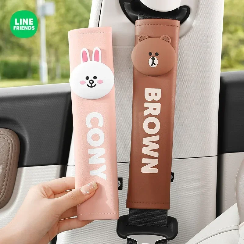 LINE FRIENDS Brown Car Seat Belt Shoulder Cover Anime Kawaii Cartoon Anti Lock Child Seat Adhesive Protection Decorative Gift