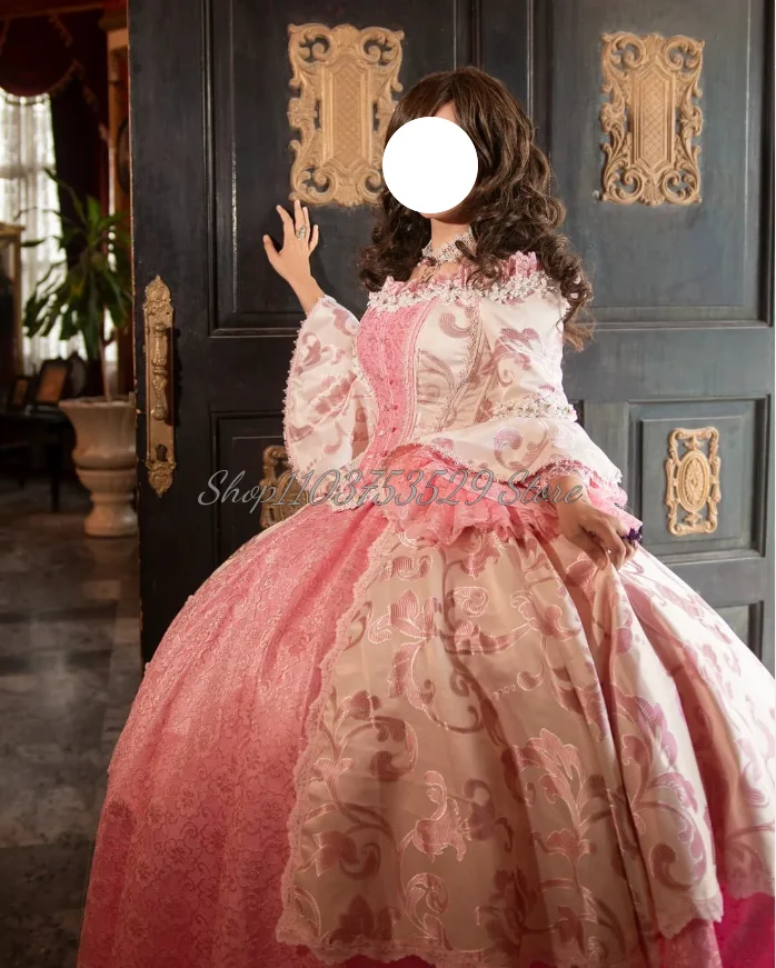 

Fantasy Pink One Neck Prom Dresses Delicate Lace Corset Lace Up Laced Tiered Floral Printed Tulle Victorian Party Dresses Custom