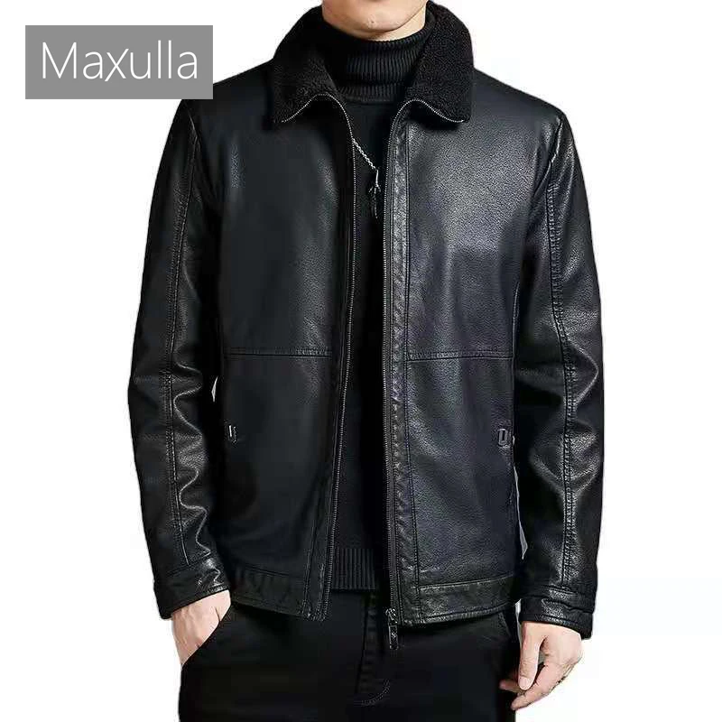 Maxulla Men's PU Leather Jacket Casual Men Fur Collar Warm Motorcycle Jackets Men Retro Windbreaker Leather Coats Clothing