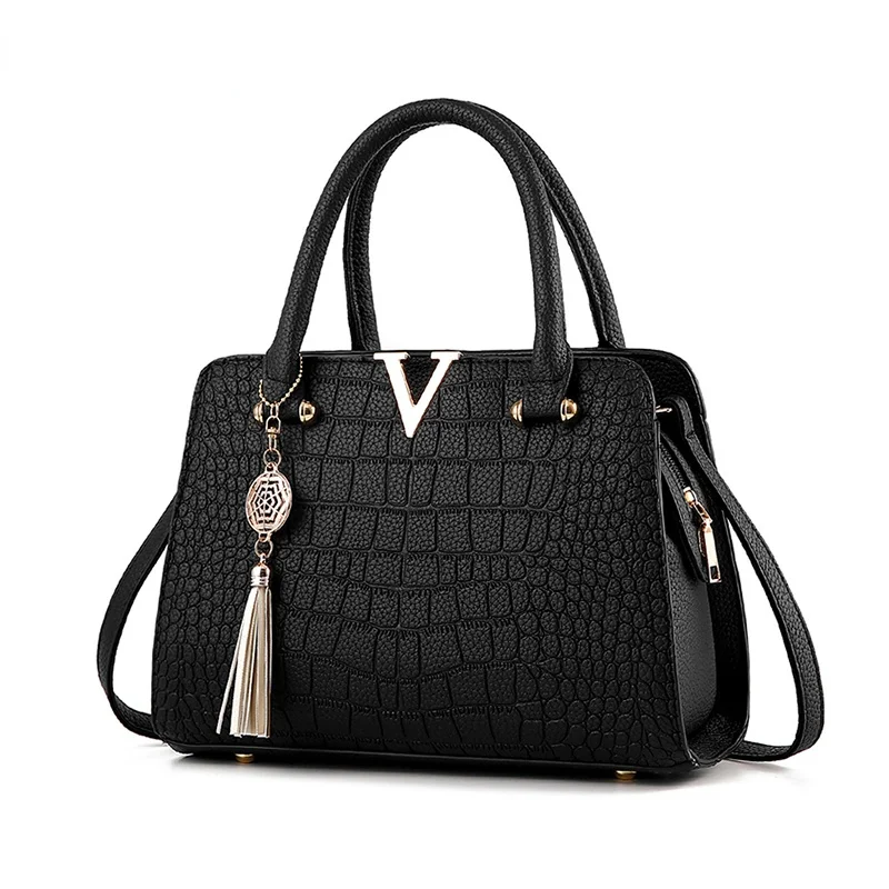 

Fashion Women Handbags Tassel PU Leather Totes Bag Top-handle Embroidery Shoulder Lady Simple Style Crocodile pattern