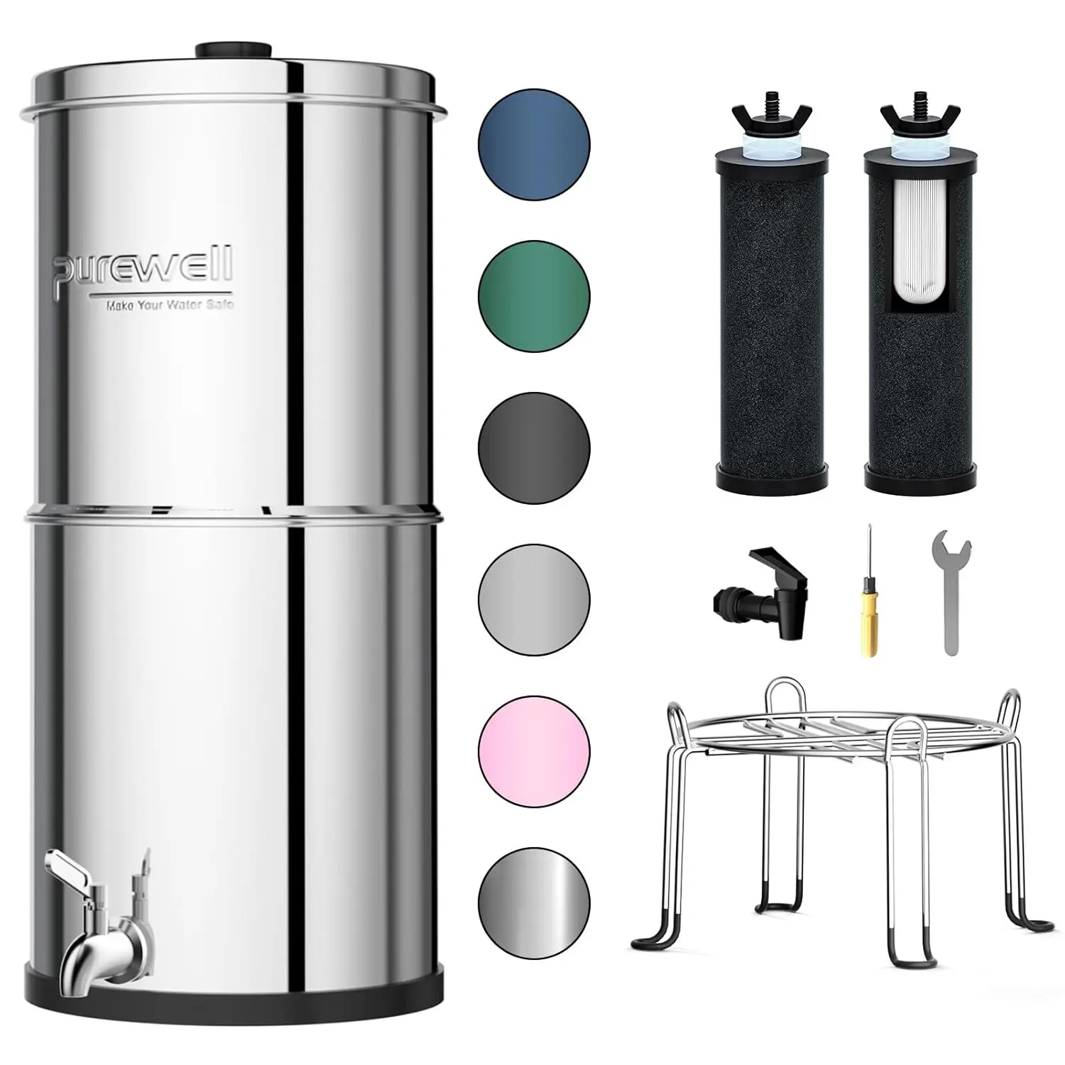 Purewell 3-Stage 0.01μm Ultra-Filtration Gravity Water Filter System, NSF/ANSI 42&372 Certification, 304 Stainless Steel Counter