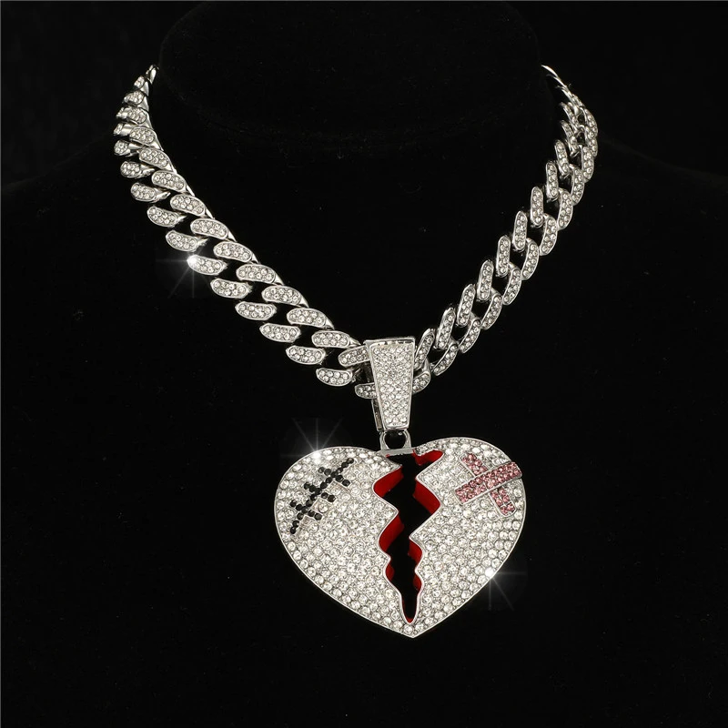 

HIP HOP Iced Out Broken Heart Pendants With 13mm Cuban Link Chain AAA+ Rhinestone Necklaces For Men's Women Rapper Jewelry