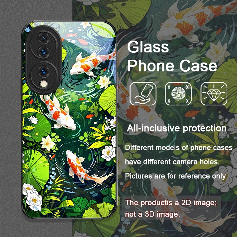 高級蓮の花鯉模様強化ガラス製スマホケース Huawei Honor 200 Lite 100 Pro 90 80 GT Magic 7 6 X8 X9対応