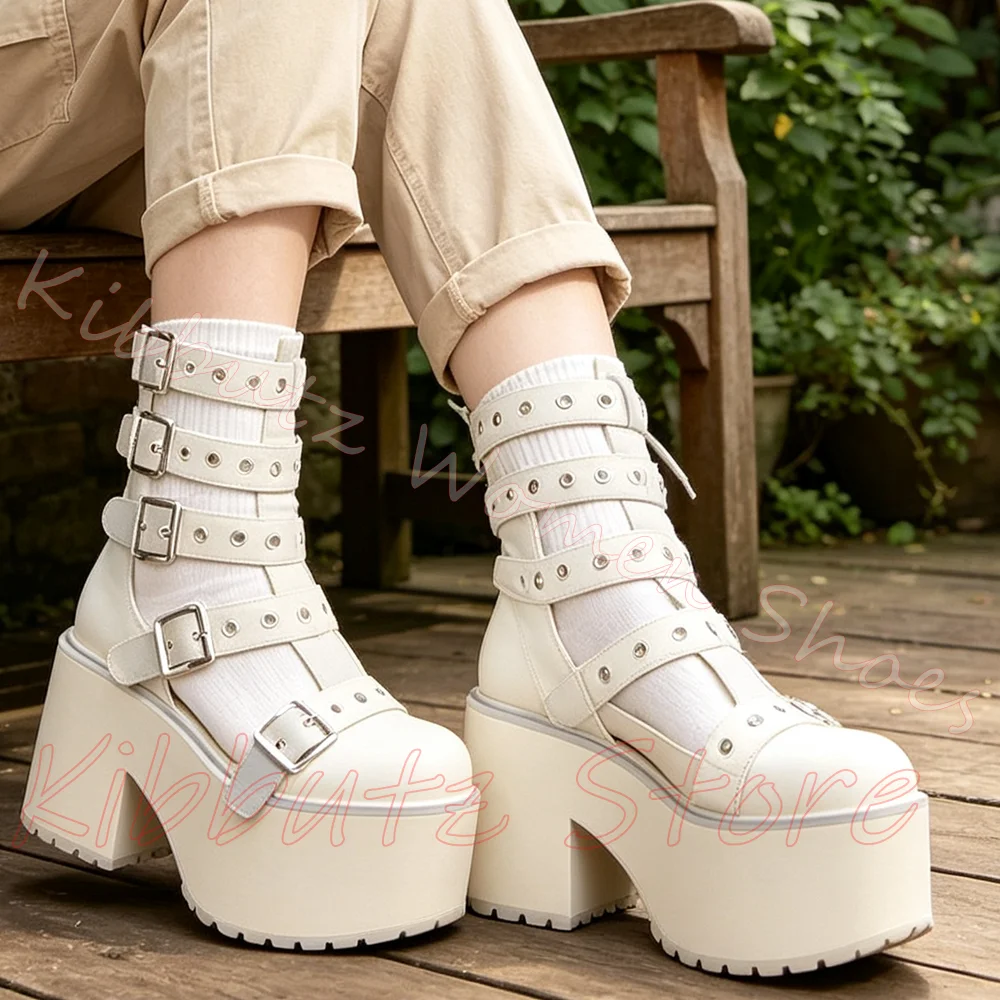 Sandales à multiples boucles et découpes, bottines à plateforme, rivets, lanières, talon épais, style punk goth Y2K, bande réglable, mode urbaine en cuir