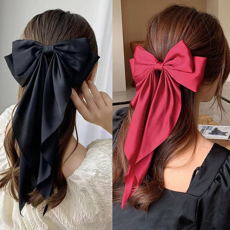 Elegant Bow Ribbon Hair Clip Fashion Simple Solid Satin Spring Clip Hair Pin Retro Headband with Clips Girls Hair Accessories