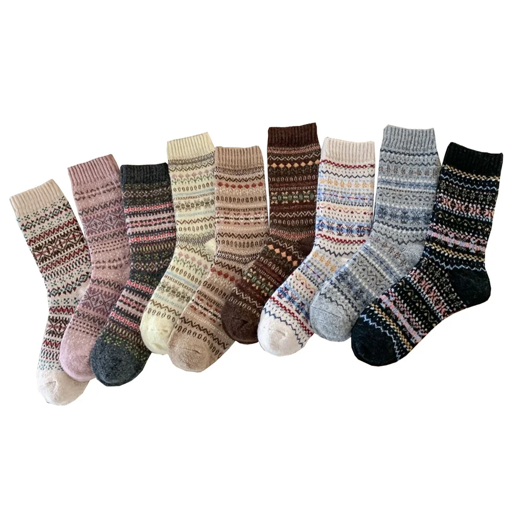 

3 Pairs Women's Korean Style Warm Wool Socks Cute Printed Daily Floor Socks Retro Elements Casual Stockings For Ladies