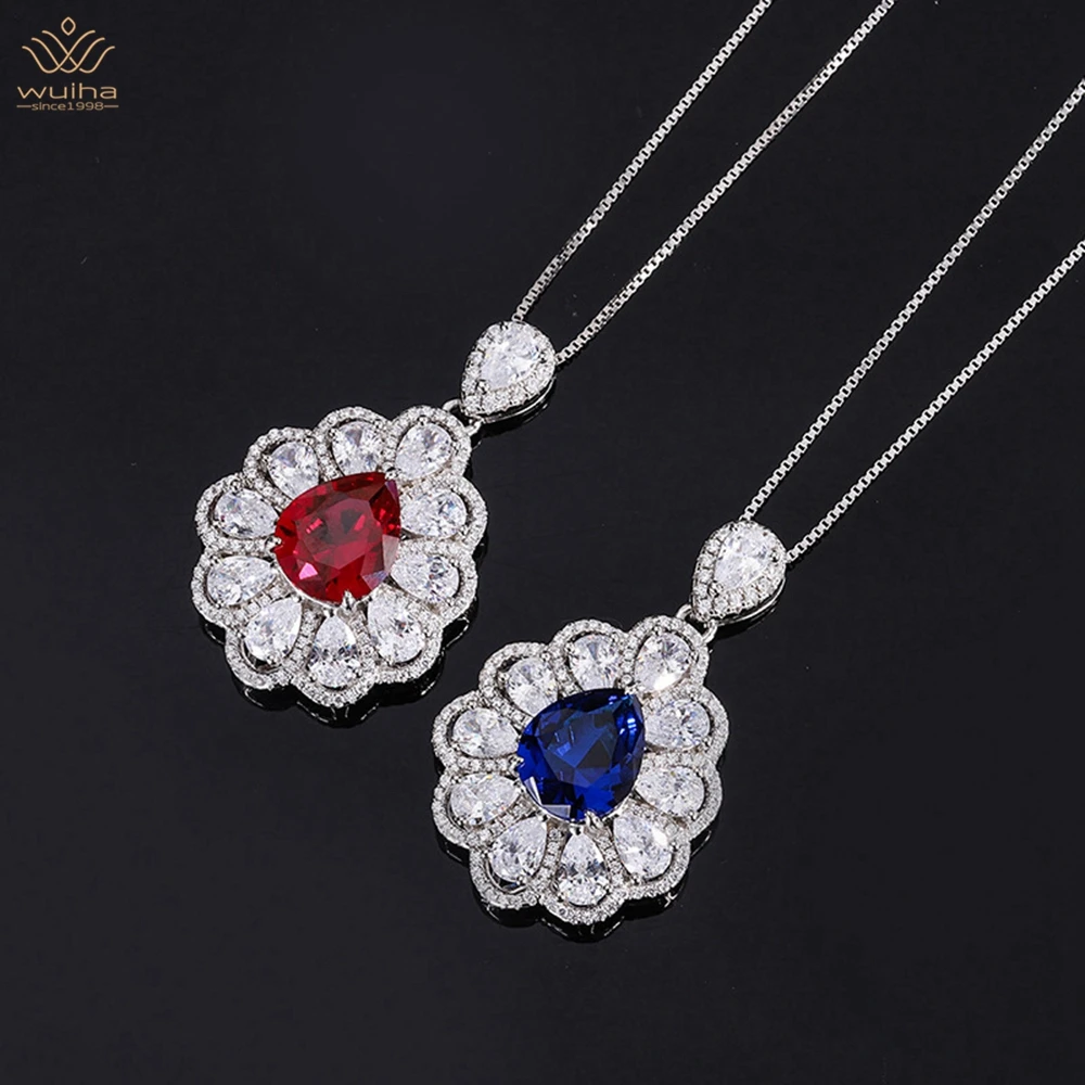 

WUIHA Luxury 925 Sterling Silver 10*12MM Sapphire Faceted Gemstone Pendant Necklace For Women Anniversary Gift Jewelry Wholesale