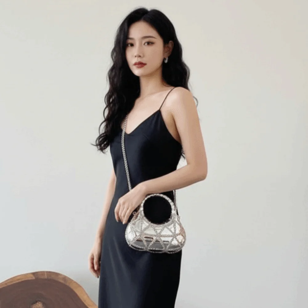 

Crystal Embellished Crescent Evening Clutch High-shine Finish Detachable Chain Rhinestone Box Purse Geometric Pattern