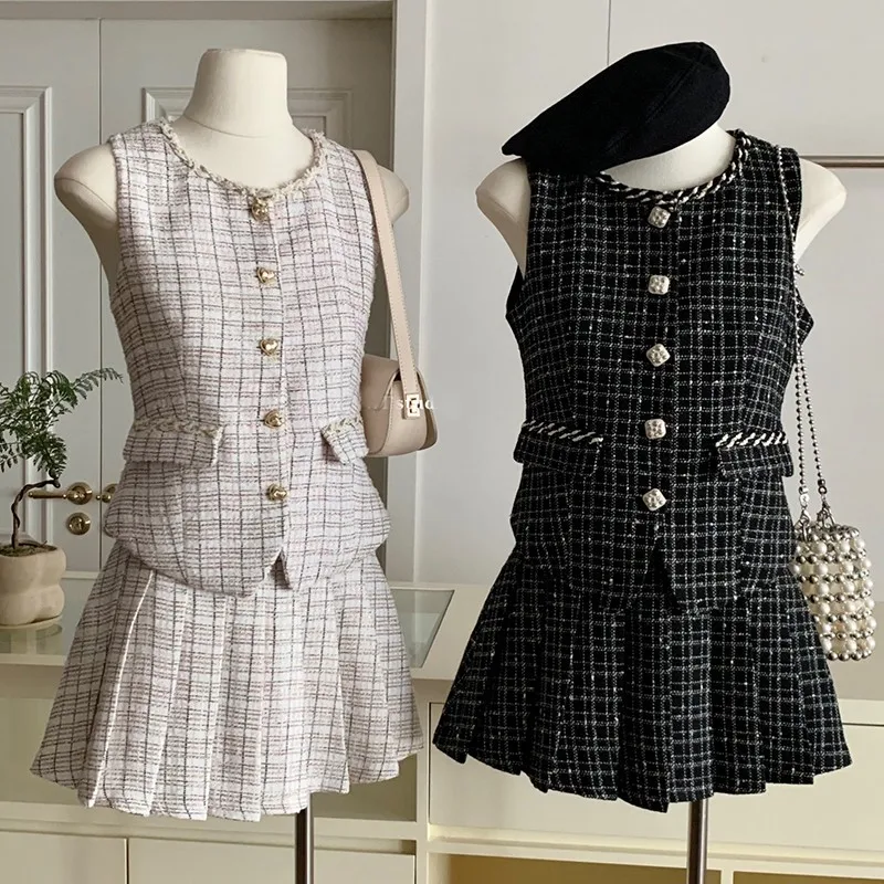 Women's Elegant Tweed Two Piecess Skirt Suit Lady O Neck Sleeveless Single Breasted Vest Top + Mini A Line Pleated Skirt