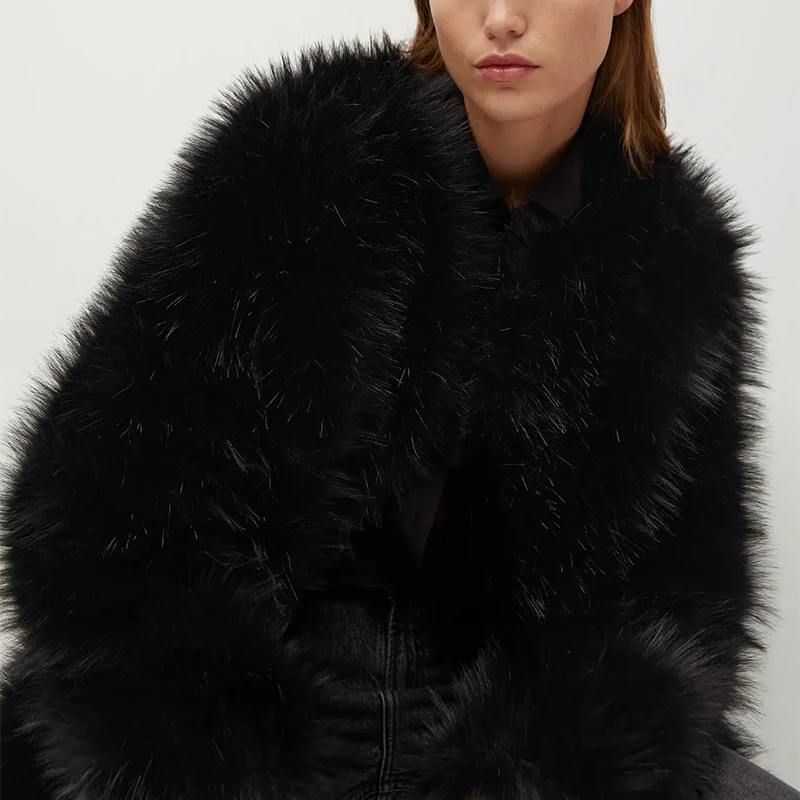 Luxury Brand Fashion Winter Fluffy Furry Solid Black Long Faux Fox Fur Coat Jacket Women Thick Warm Plus Size Shaggy Overcoat