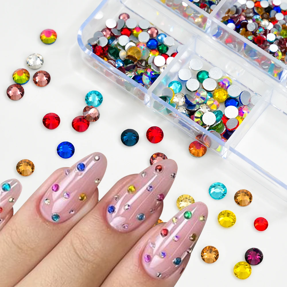 6Grids SS6-SS30 Mixed Nail Rhinestones Art Charm Shiny Clear/Gold/Pink/Blue Diamond Flat-back Nail Gems Glass Stones Nails Decor