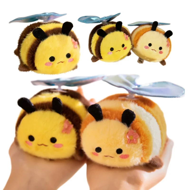Kawaii Round Bumblebee Plush Doll With Pull Tail String Fluffy Bee Stuffed Toy Movable Wings Design Cartoon Animal Plushie, Kids