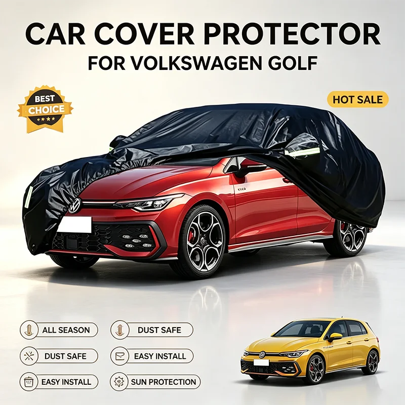 For Volkswagen Golf Full Car Cover All Weather Snow Sun UV Dustproof Reflective Strips Wind Straps Outdoor