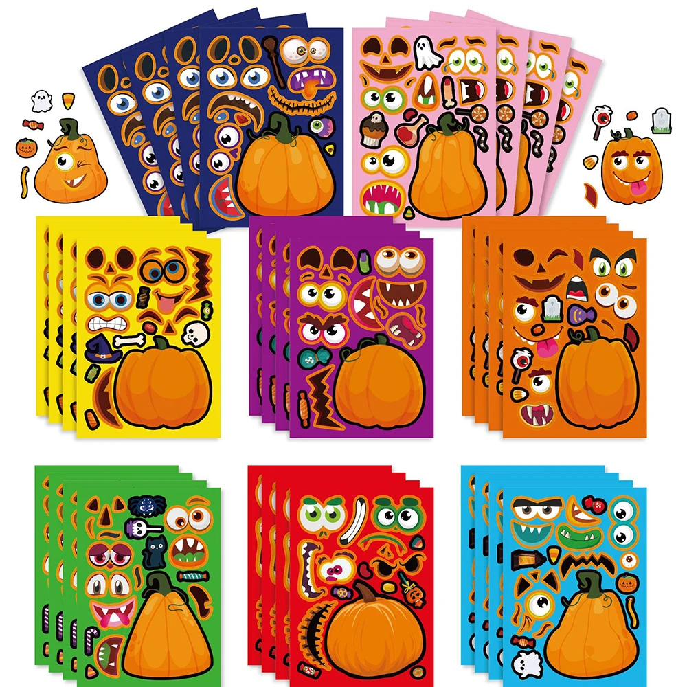 8/16Sheets Make Your Own Pumpkin Puzzle Stickers Children Game Halloween Party Decoration Kids Assemble Jigsaw DIY Toys Boy Girl