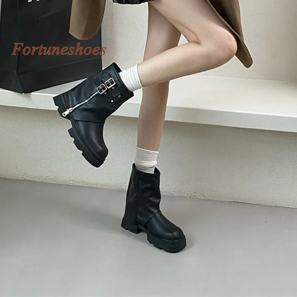 

Belt Buckle Round Toe Women Boots Mid Calf Height Increasing Chain Boots Fashion Casual Party Autumn 2024 New Arrivals Boots