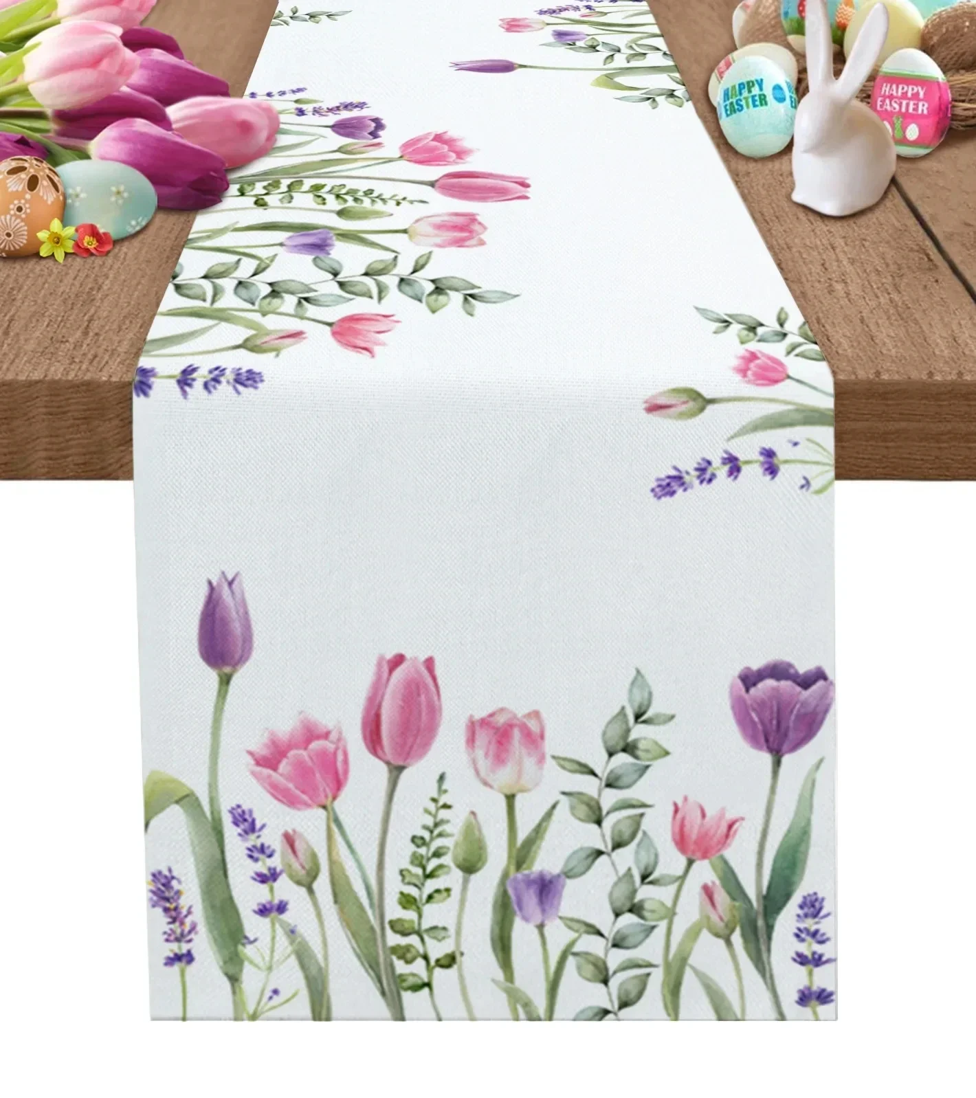 Spring Tulip Plant Flower Linen Table Runners Holiday Party Table Decor Farmhouse Dining Table Runners Wedding Decorations