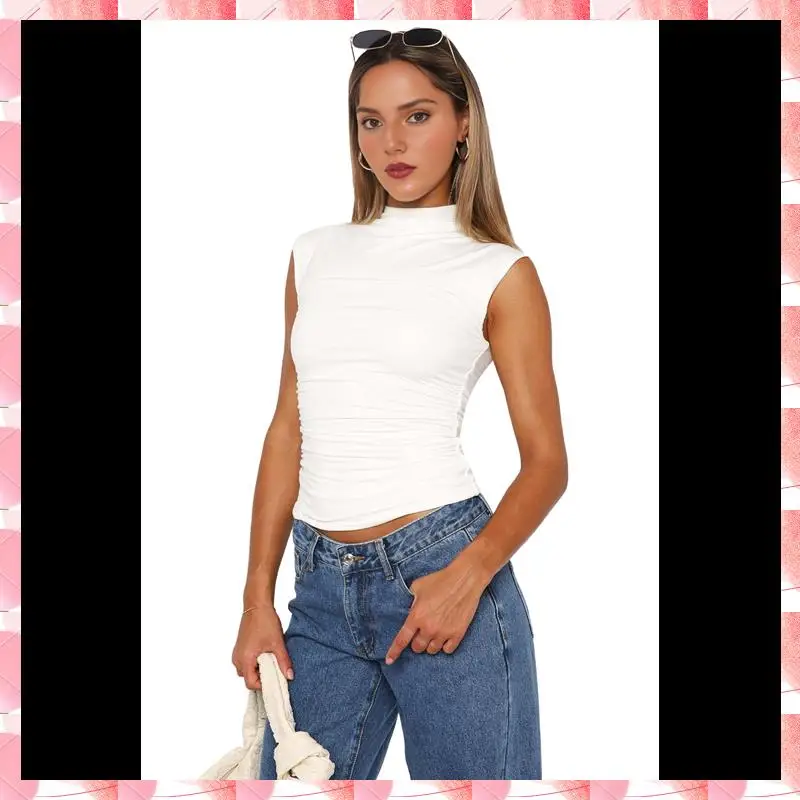 เสื้อครอปแขนกุดสําหรับผู้หญิงคอจําลอง Ruched เสื้อกล้าม Y2k ออกไปเสื้อ Solid Slim เสื้อพอดีตัว