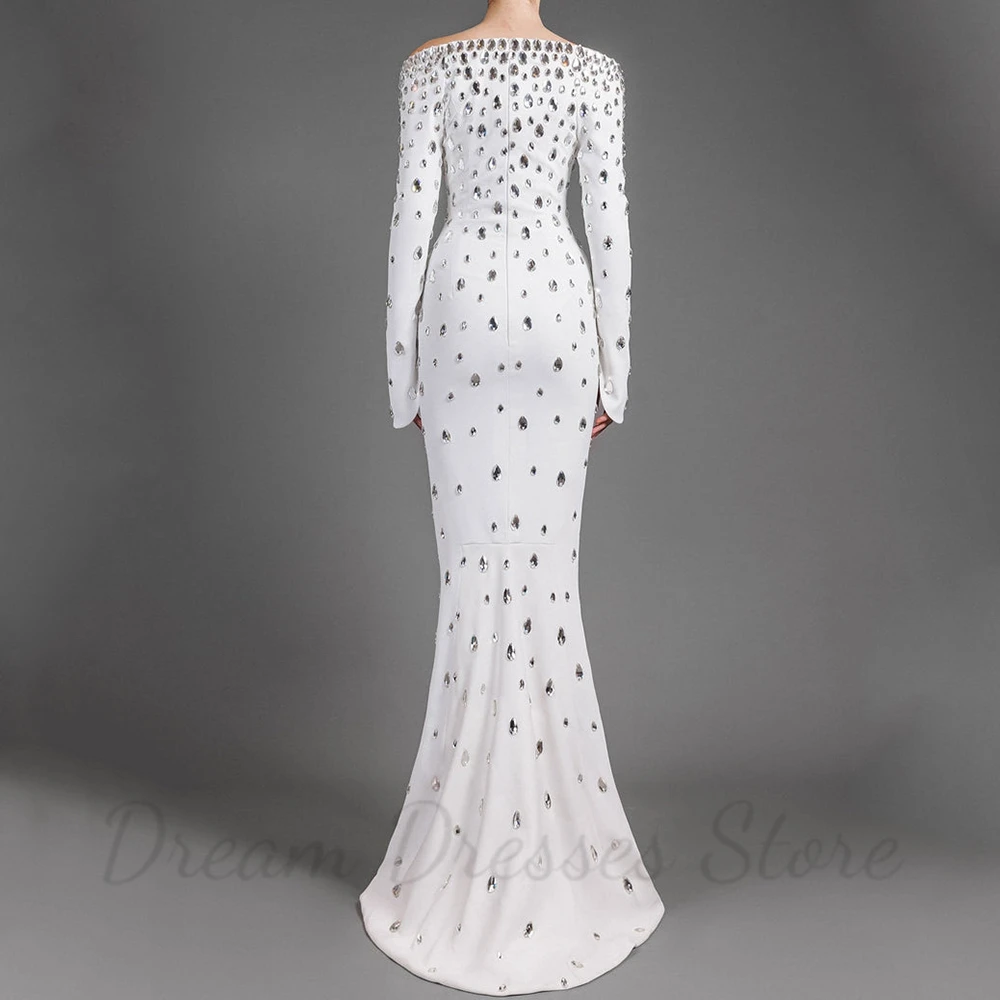 Charming Diamond Decoration Evening Dress Boat Neck Long Sleeves Elegant Mermaid Floor Length Women Custom Made Party Gowns