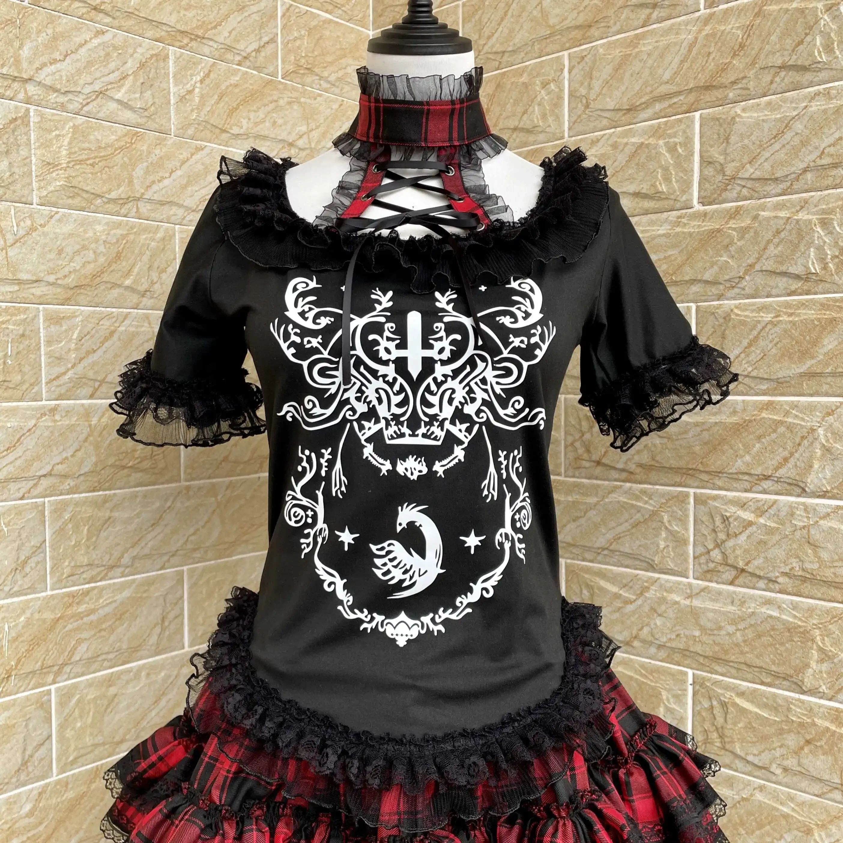 Ruibbit Harajuku Punk Print Black Halter Slim Lace Short Sleeve Spice Girl Bottomed T-shirt Women Halter Collar T-shirts Y2k Top