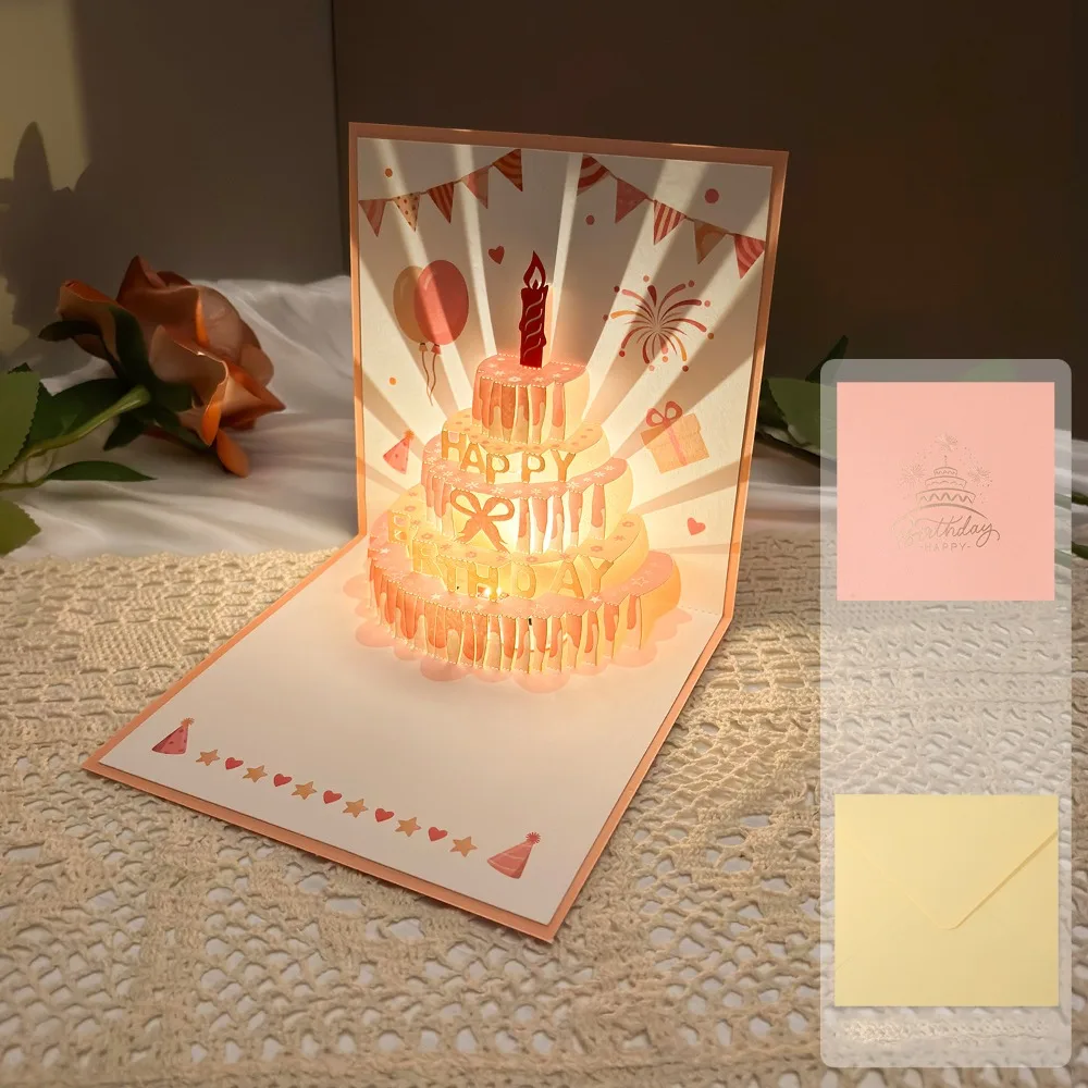 

Happy Birthday 3D Music Glowing Cards Music Light Pop Up 3D Cake Greeting Card Foldable with Envelope Glowing Cake Blessing Card