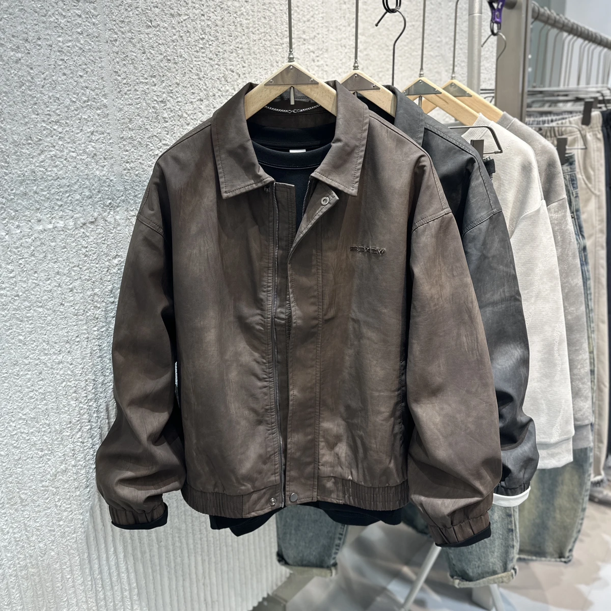 

Retro Waed Leather Jaet for Men Loose American Sle Motorcycle Coat Autumn Faionable Youth Outerwear Long Sve Zipper