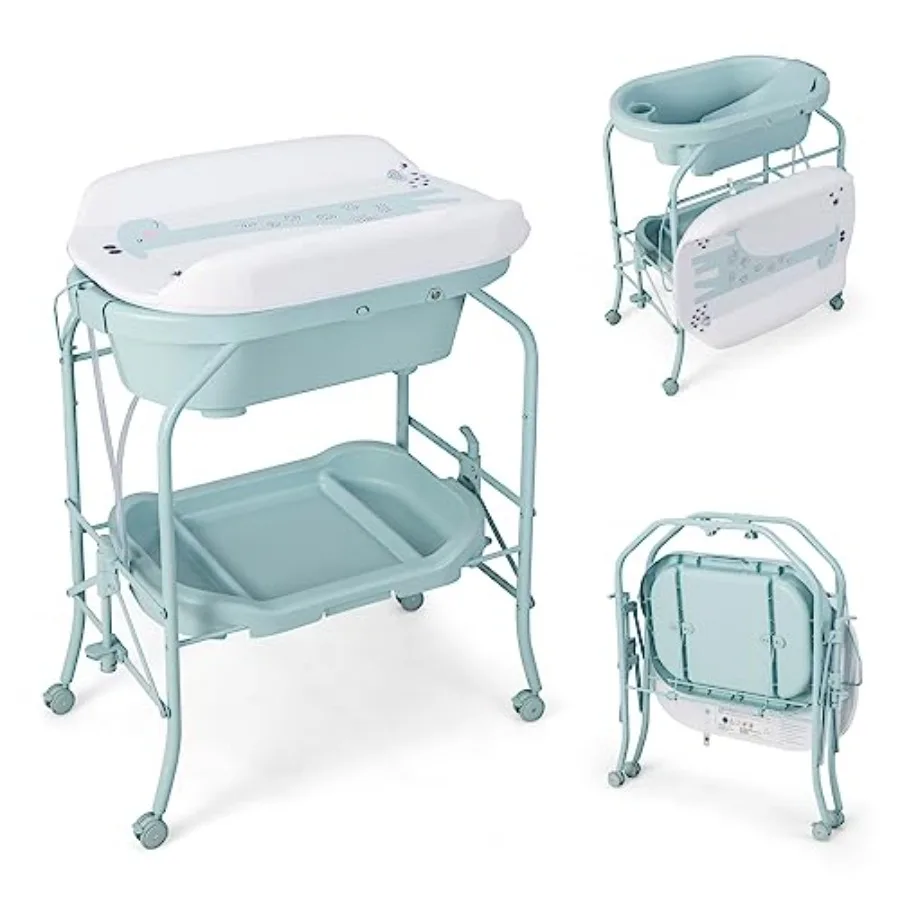 2-in-1 Baby Bathtub & Changing Table, Foldable Infant Diaper Changing Station with Wheels, Storage Tray, Waterproof Pad, Portabl