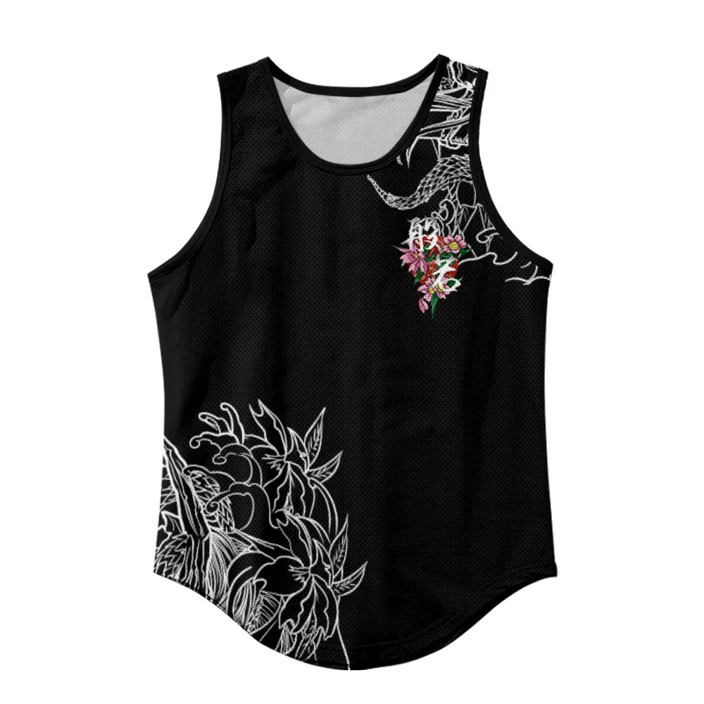 Japanese Anime Demon Print Summer Beach Vest Men\'s Mesh Top Bodybuilding Gym Muscle Fitness Sleeveless Tank Top Plus Size