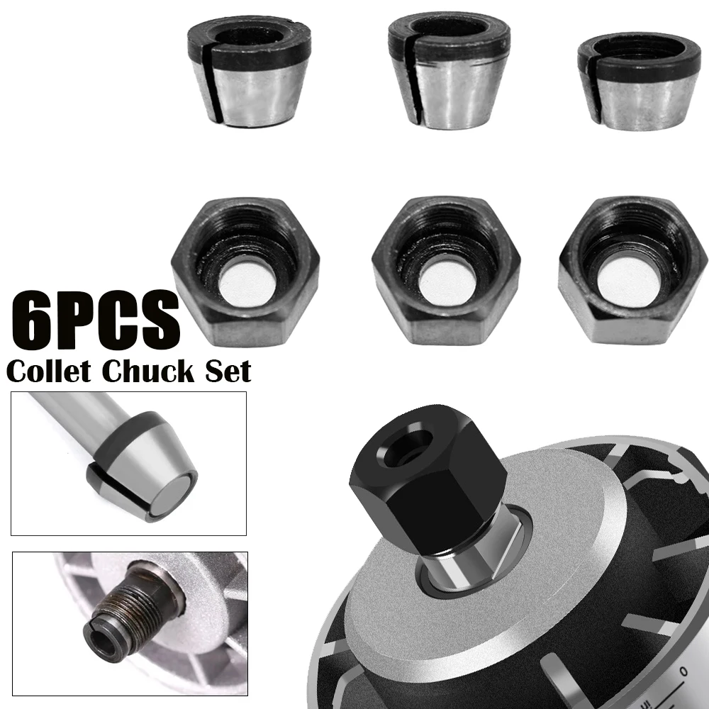 6pcs Collet Chuck Adapter With Nut Router Bit 6/6.35/8mm Trimmer Collet Chuck Heads Engraving Machine Electric Milling Cutter