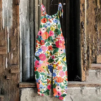 Mameluco de talla grande a la moda para mujer, mameluco con tirantes sueltos informal con estampado 3D de flores de Color fresco pequeño