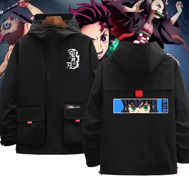 

Anime Casual Workwear Jaet Charcoal Ghost Slayer Thiened Polyester Hooded Zipper Long Sve Youth Faion Stand Fit Coat