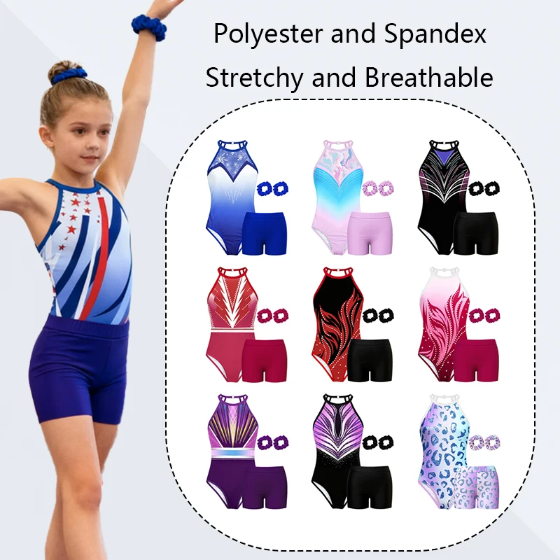 Mädchen-Gymnastik-Trikots, 4-teilige Neckholder-Bodys mit Shorts und Haarband für Kinder, sportliche Tumbling-Outfits, ohne Diamanten