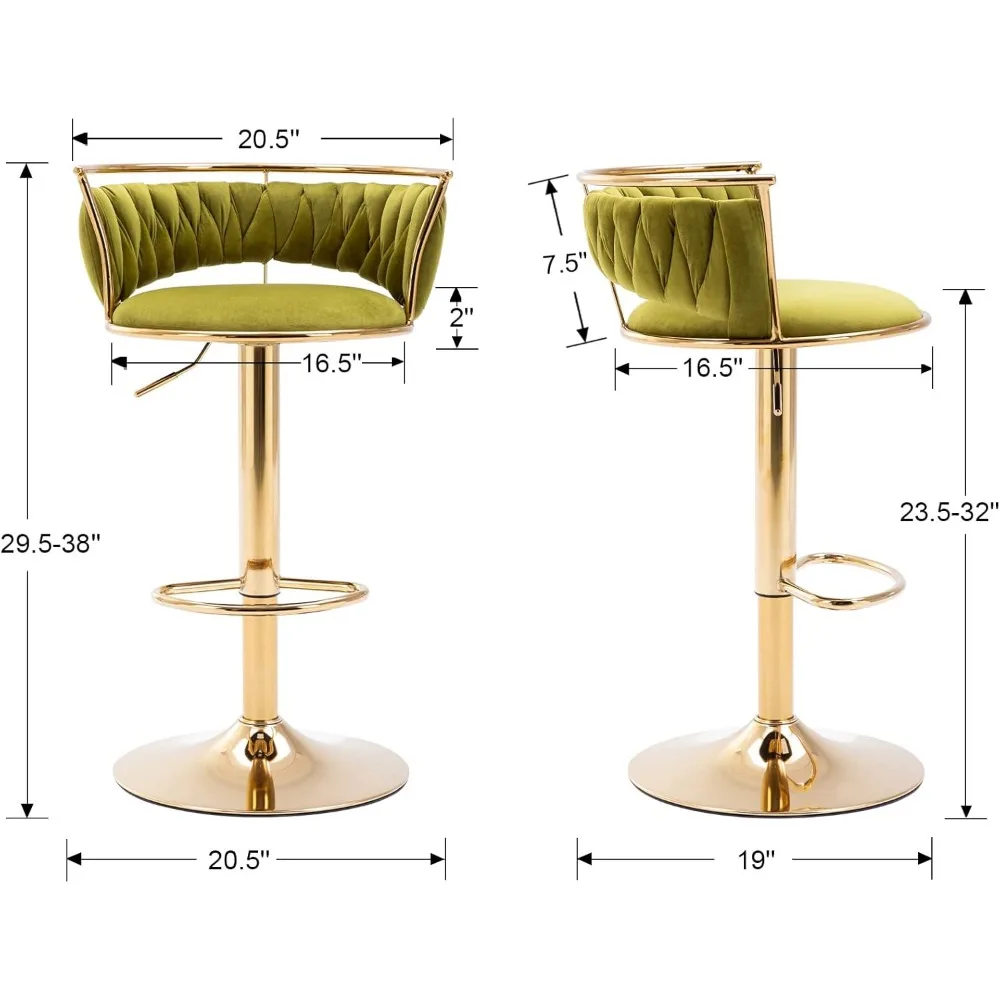 Modern Swivel Bar Stools Set of 2, Velvet Adjustable Height Barstools Low Back Kitchen Island Counter Bar Chair with Golden Base