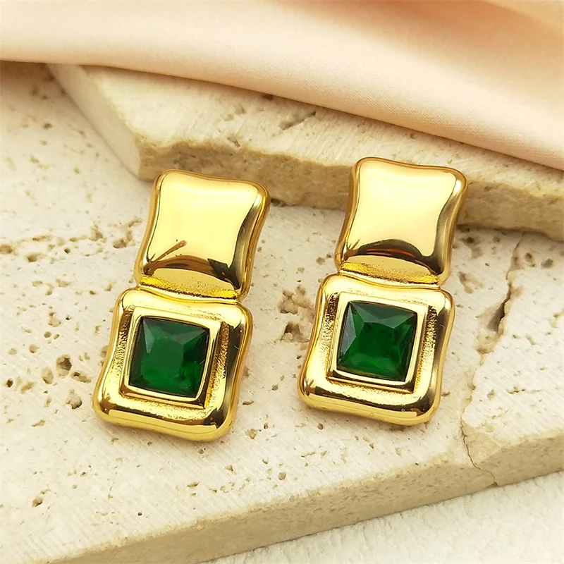 Charm Green Glass Square Earrings for Women Girls Stainless Steel Gold Color Party Female Ear Studs Jewelry Gifts  ZZZ1086
