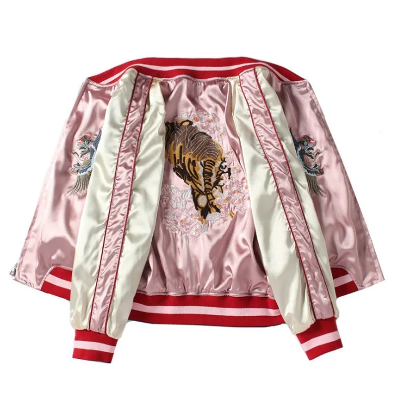 

Women's Reversible Satin Souvenir Bomber Jacket Intricate Tiger & Crane Embroidery, Japanese Streetwear