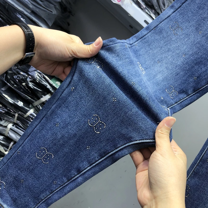 Pantalones vaqueros azules de terciopelo grueso para mujer, Jeans ajustados de cintura alta, cálidos, a la moda, invierno, 2022