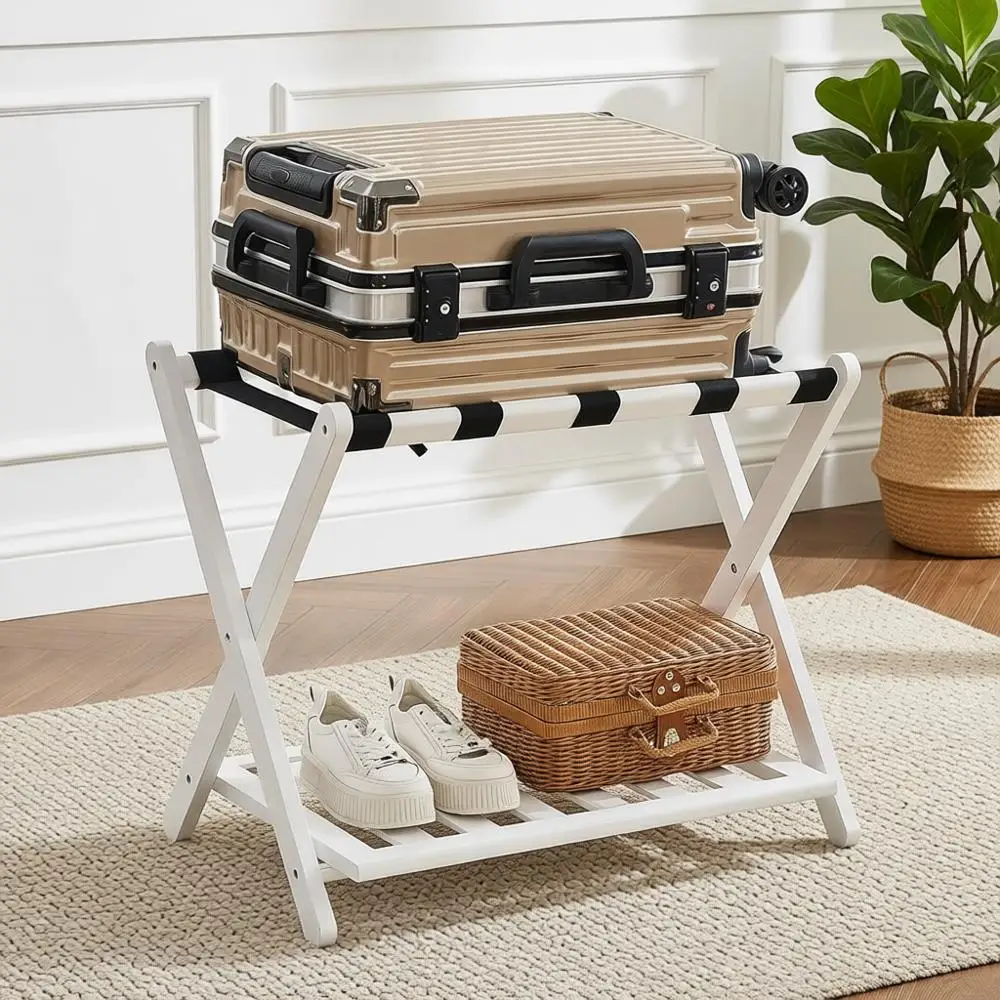 

Большая бамбуковая подставка для чемоданов с отсеком для хранения и 5 нейлоновыми ремнями, идеально подходит для спальни или гостиничных номеров, белая, 1 шт.