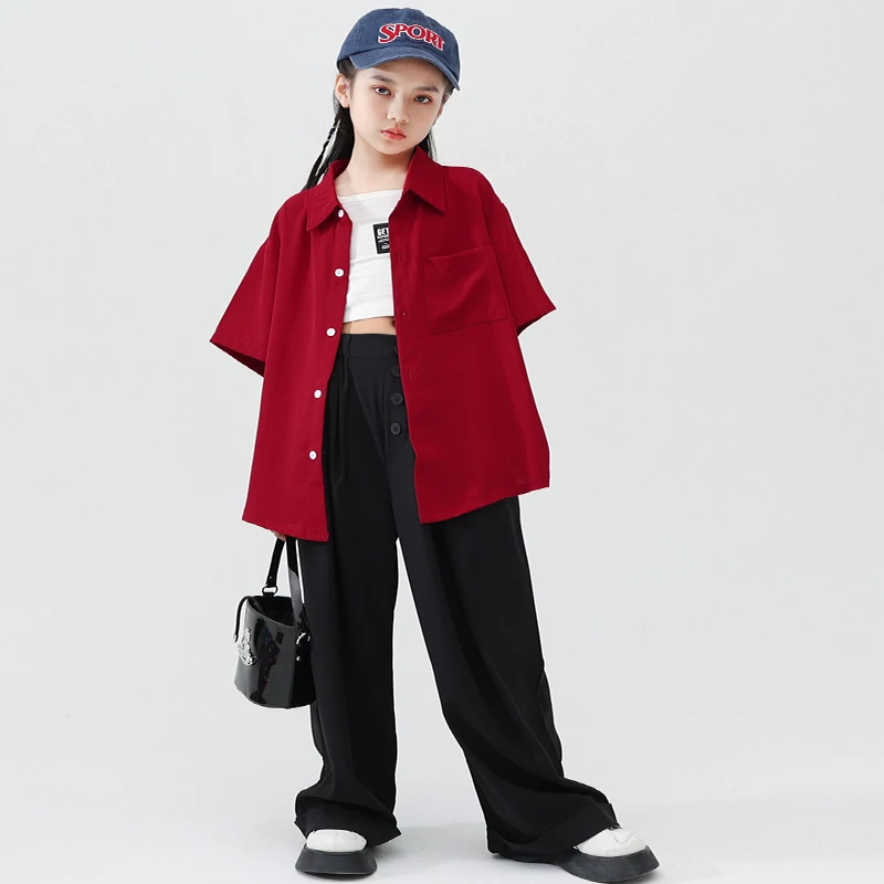 Pantalon baggy pour filles, olympiques de danse jazz, vêtements hip hop pour enfants, chemise rouge pour adolescent, haut précieux, rue décontractée, vêtements rouges