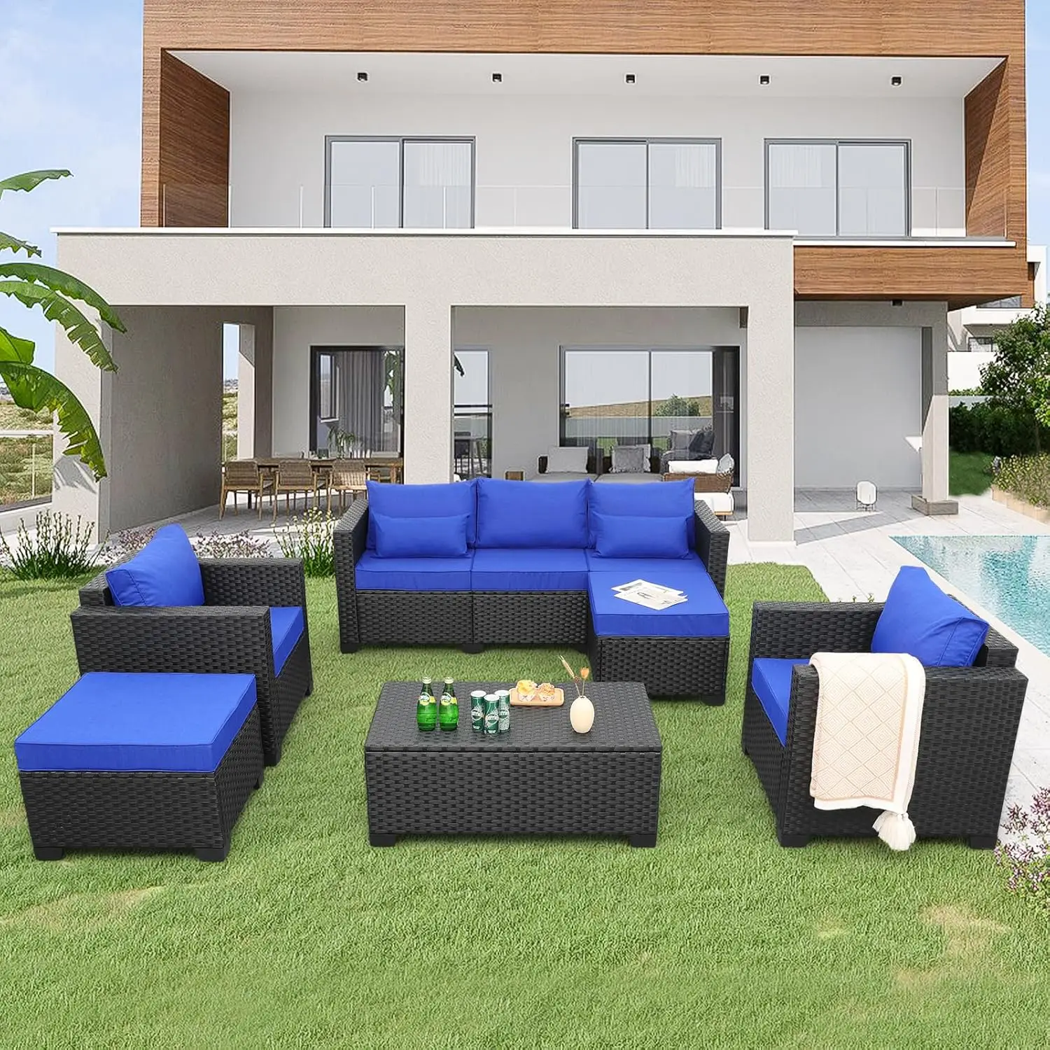 6 Pieces Patio Wicker Furniture Set Outdoor PE Rattan Conversation Couch Sectional Chair Sofa Set with Royal Blue Cushions