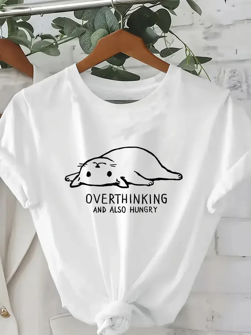 Lustiges T-Shirt Hungrige schwarze Katze Grafik Kurzarm T-Shirt koreanische Mode Damen Sommerkleidung Y2k