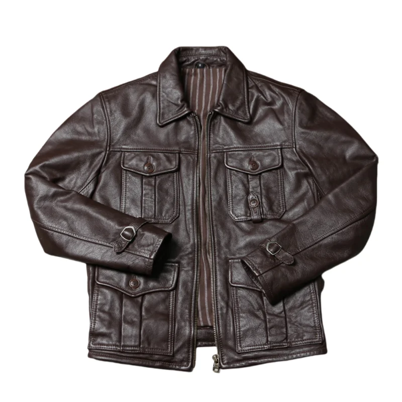 Dark Brown Autumn Leather Jacket Men Retro Style Plus Size 5XL Genuine Natural Cowhide Turn-Down Collar Coat Safari Coat