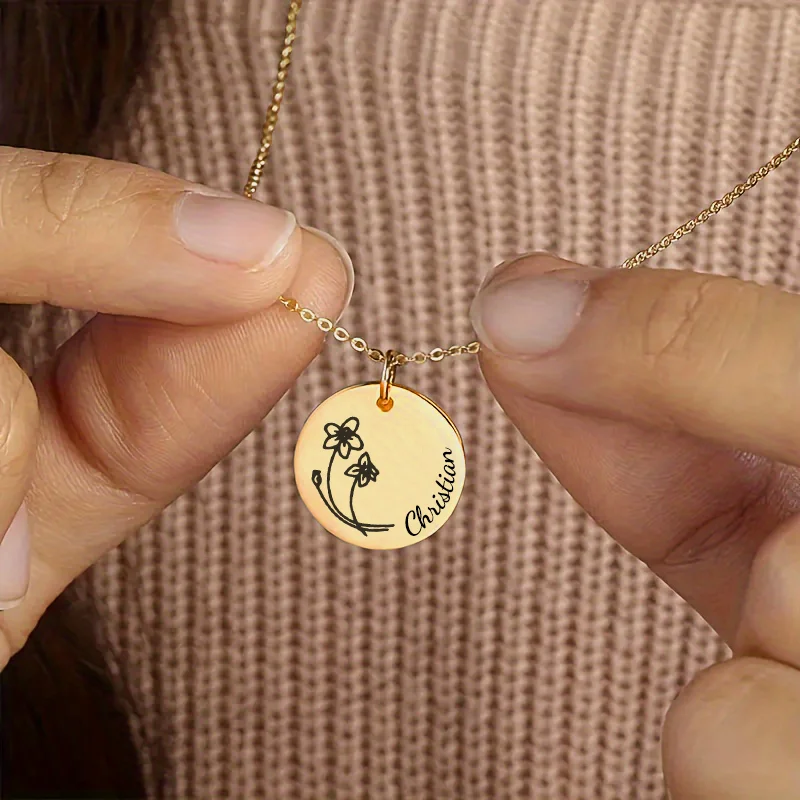

Customized Stainless Steel Round Pendant Necklace With Engraved Birth Flowers\Name, Gift for Girls on Birthdays\Valentine's Day