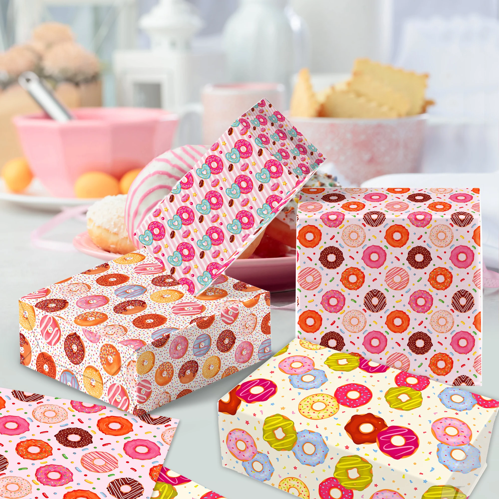 12pcs Sweet Cartoon Donuts Theme Wrapping Material Paper Birthday Baby Shower Party Gifts Decorative Packing Craft Papers