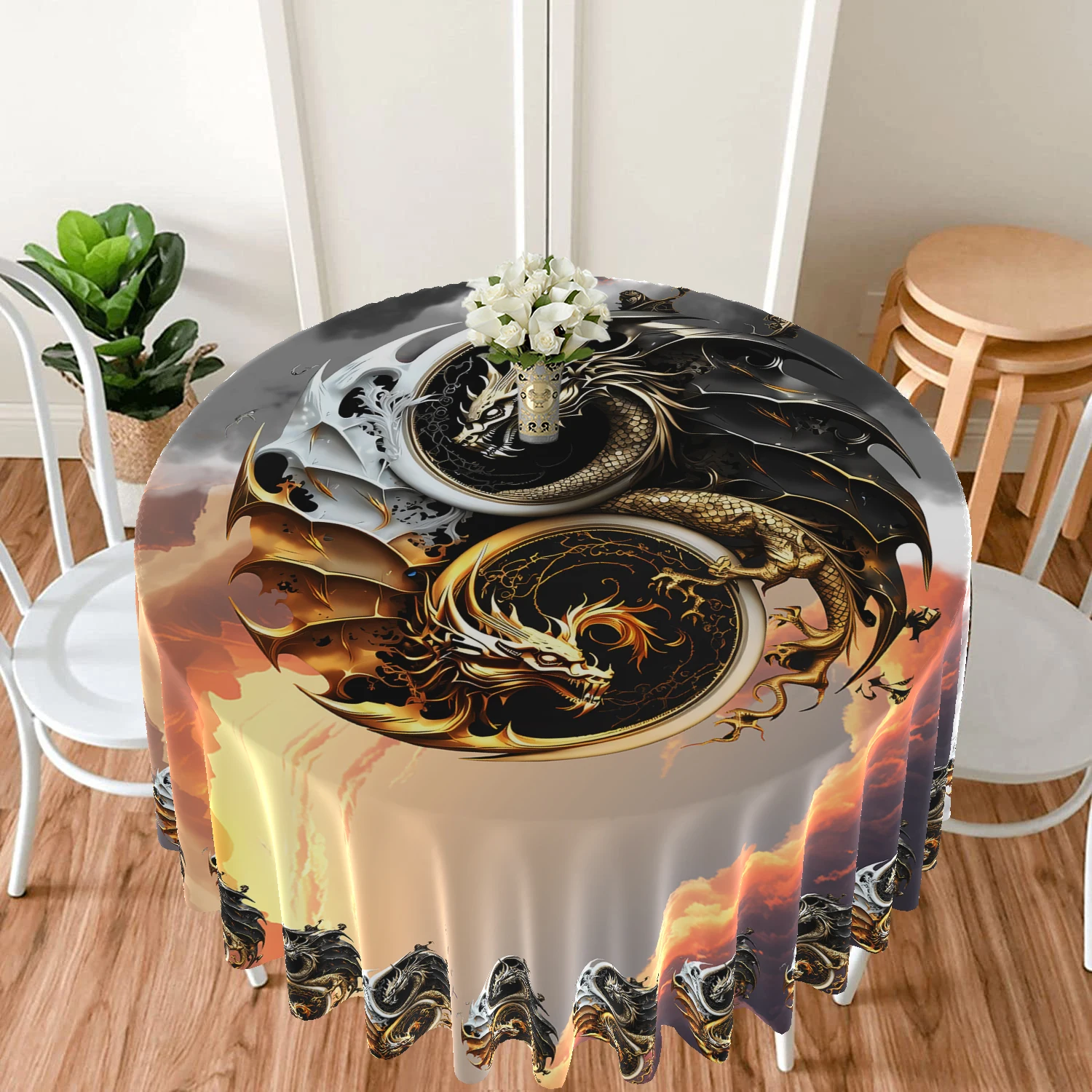 1pc Tai Chi Yin Yang Sun Moon Circular Table Cloth with Eagle Unicorn Pattern Waterproof Colored Table Set Classic Dragon Picnic