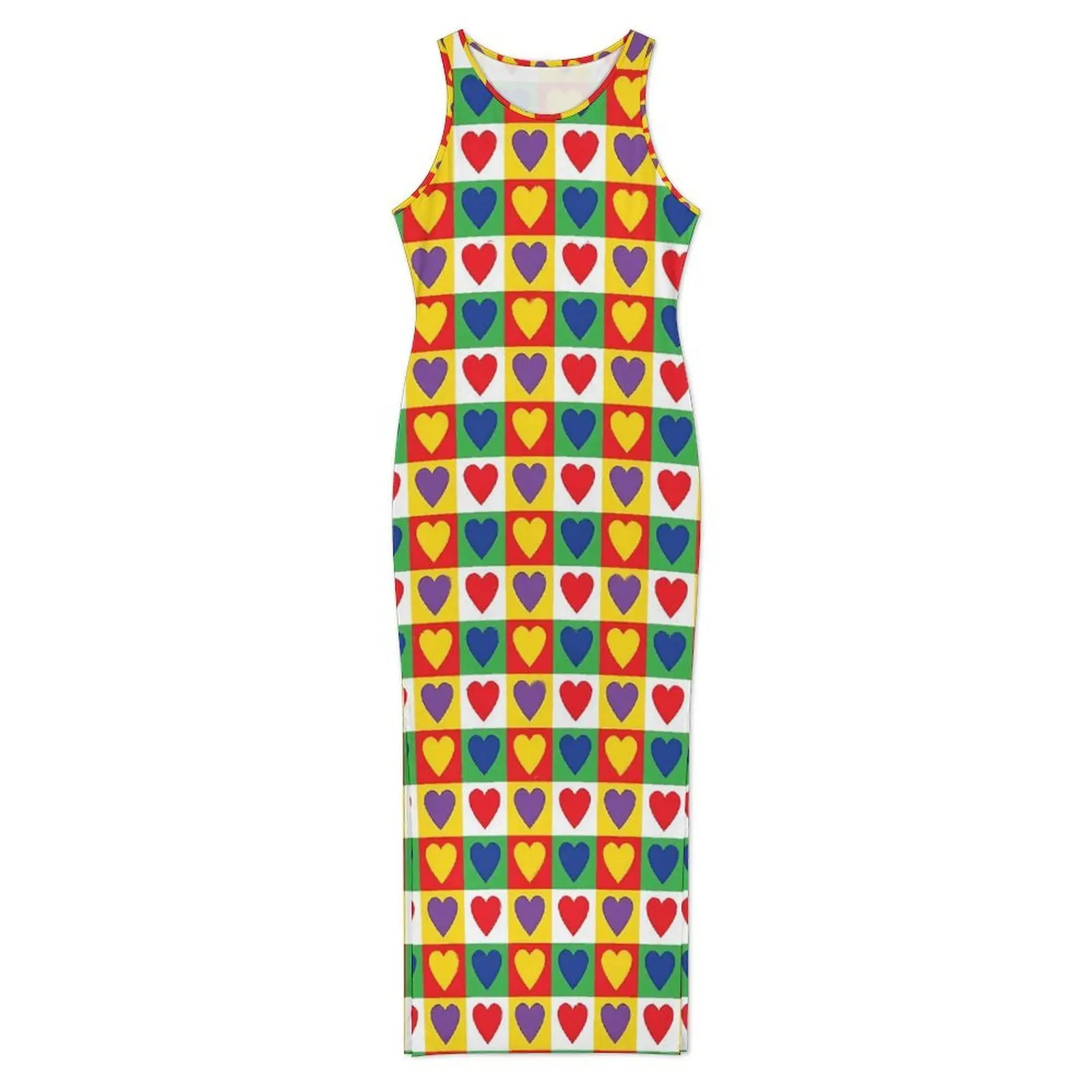 Colorblock Dress Sleeveless Colorful Check Hearts Kawaii Maxi Dresses Holiday Casual Y2k Custom Bodycon Dress Large Size 3XL 4XL