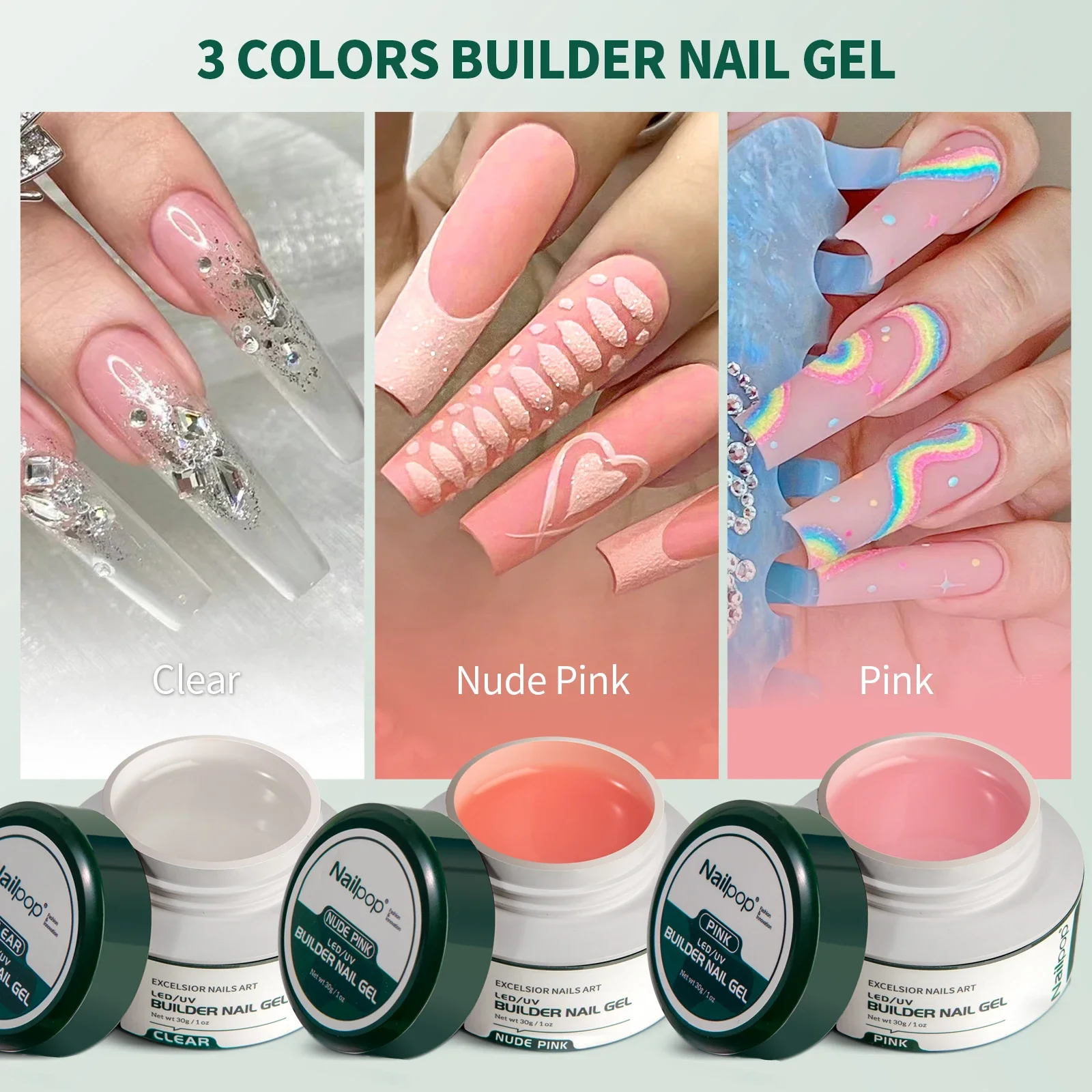 NAILPOP Builder Nail Gel Set 3 Basic Colors Nail Extension Kit Clear Nude Pink Strengthen Gel with Brush 100Pcs Nail Forms DIY