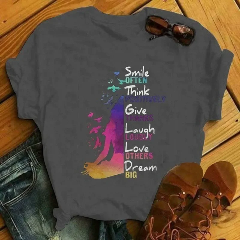 Smile Love Dream Print Women T Shirt Short Sleeve O Neck Loose Women Tshirt Ladies Fashion Tee Shirt Tops Clothes Mujer