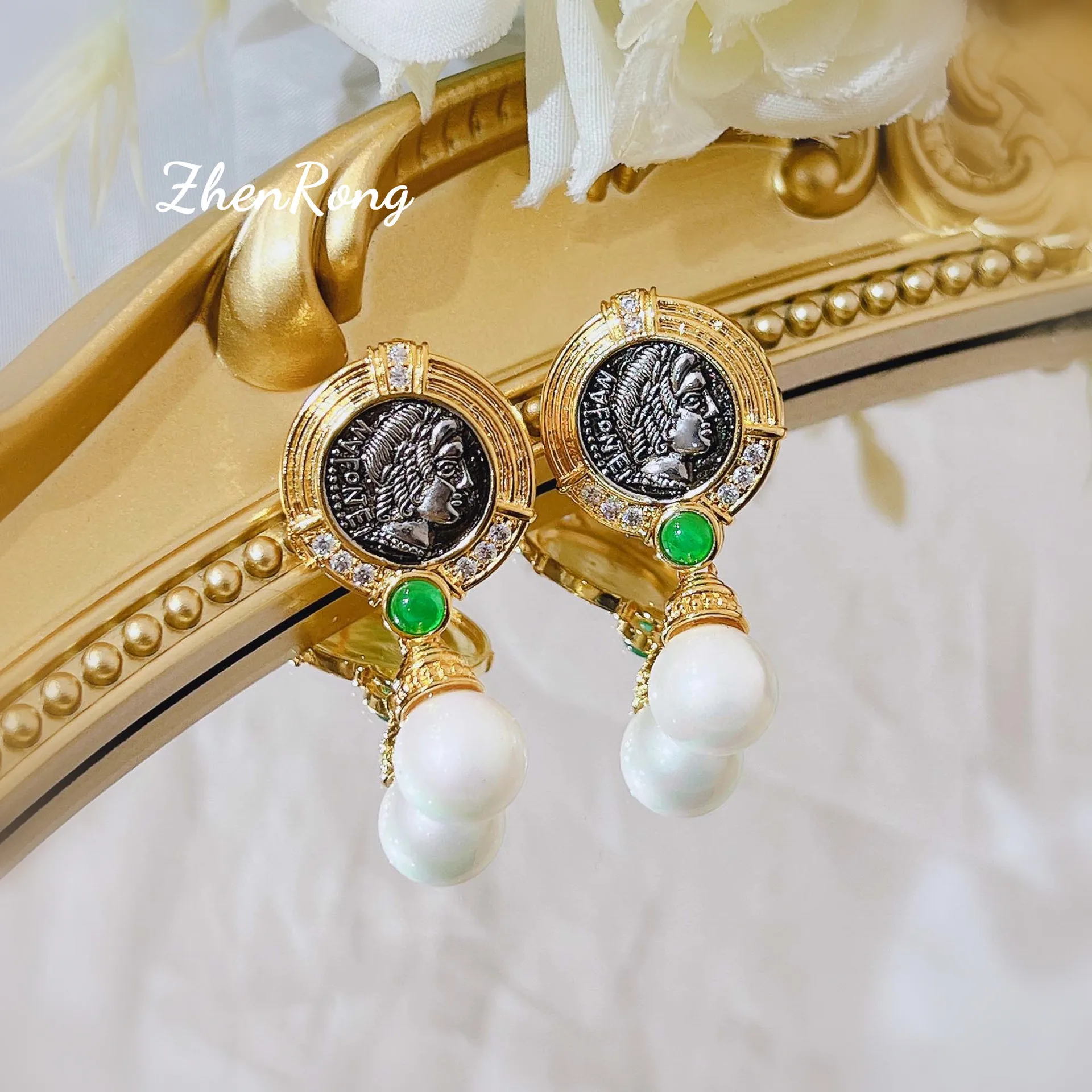 Foydjew French Style Vintage Jewelry Exquisite Relief Sun God Apollo Portrait Ancient Coins Pearl Drop Dangle Earrings For Women